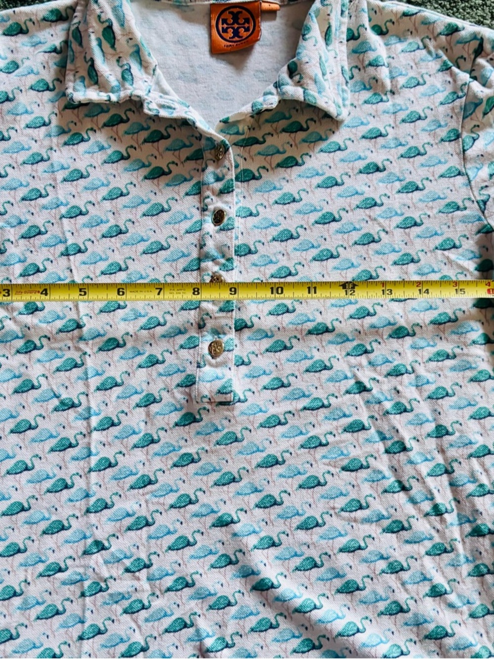 Sz L Tory Burch Cropped Cream Golf Polo with Teal Flamingo Print - Picture 7 of 9